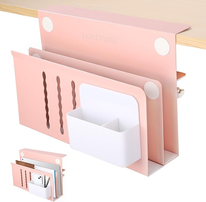 LUKETURE Desk Side Storage, 2 Tie Laptop Holder No Drill Clamp On Organizer | Sturdy Steel Double Tier Strong, Magnetic Pen Holder, No Drill Clamp for Standing Desk Organizer, Fits 0.3-2.8" by LUKETURE