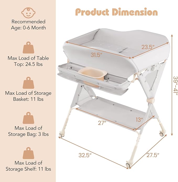 INFANS Baby Changing Table with Wheels, Portable Folding Diaper Station Nursery Organizer with Storage Basket, Hanging Rack, Adjustable Height, Safety Belt for Newborn Infant (Light Gray) - Image 7