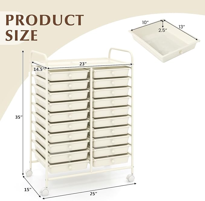 GOFLAME 20-Drawer Rolling Storage Cart, Multifunctional Art Craft Organizer, Mobile Utility Storage with Removable Drawers & Lockable Wheels, Craft Cart for Home Office, White - Image 3