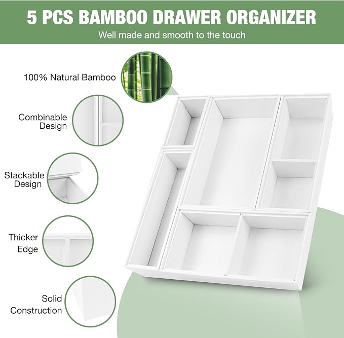 Bamboo Drawer Organizer,5 PCS White Bathroom Tray&Desk Organizers and Storage,Cabinet Divider With Removable Silverware Organization for Kitchen,Utensils,Junk,Office,Makeup - Image 3