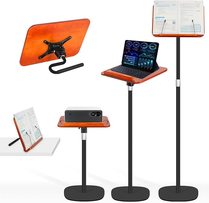 2-in-1 Floor Standing Book Stand, Foldable Book Holder for Reading with Page Clips, 19"–51" Height Adjustable, Sturdy Podium Stand for Reading, Bible, Laptop, Cookbooks, or Projector，Black by HOME