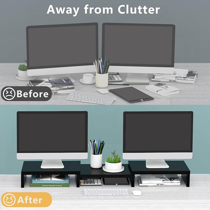TAVR Monitor Stand Riser, Office Desktop Organizer Stand for 2 Monitors | Adjustable Length and Angle 3 Shelf, Extra Long Multifunctional Wooden Stand up to 43.3" fit Computer, Laptop, TV, Black - Image 2