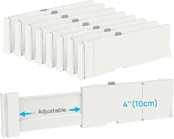 Vtopmart Drawer Dividers for Clothes 8 Pack, Adjustable 4" High Expandable from 11.3"-17" Dresser Drawer Organizer, Plastic Drawers Separators for Dresser, Baby Clothes, Kitchen and Office Storage | Adjustable Drawer Organizer, Dresser Clothes Separato... by Vtopmart