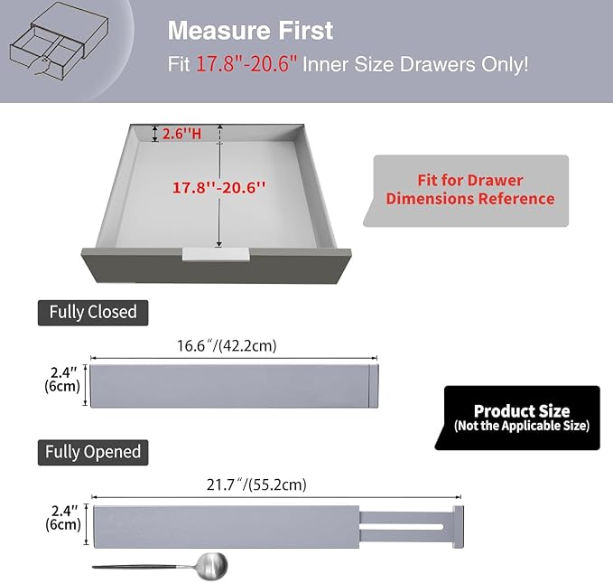 Utoplike Kitchen Drawer Dividers Large, Gray Drawers Organizers Adjustable | Bamboo, Spring Loaded, Works in Dresser, Bedroom, for Silverware, Utensils, 4pcs, Fit 17.8"-20.6" Inner Drawer, 2.4" H - Image 4