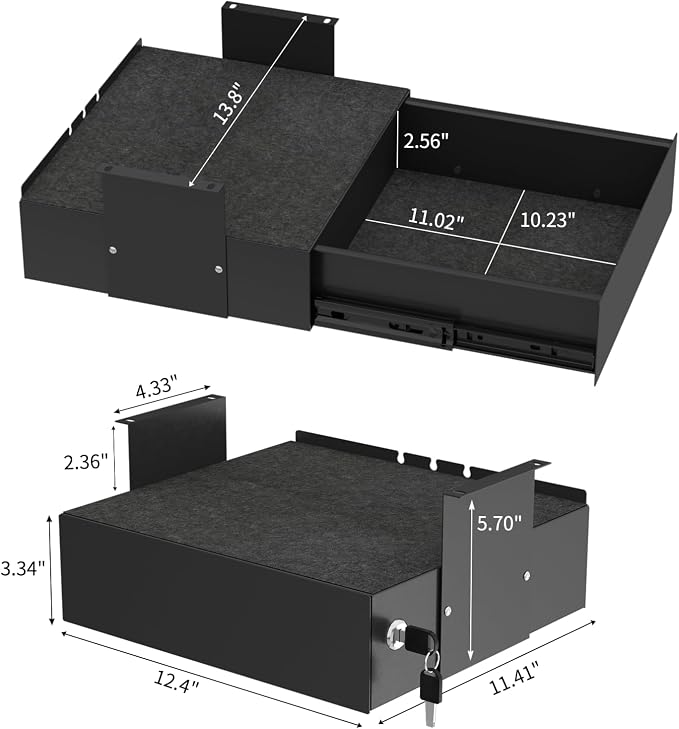 Under Desk Drawer with Lock, 13.8 Inch Slide-Out Metal Storage Drawer,Black | Steel Undermount Drawer, Standing Desk Drawers with Cable Management for Office & Home - Image 2