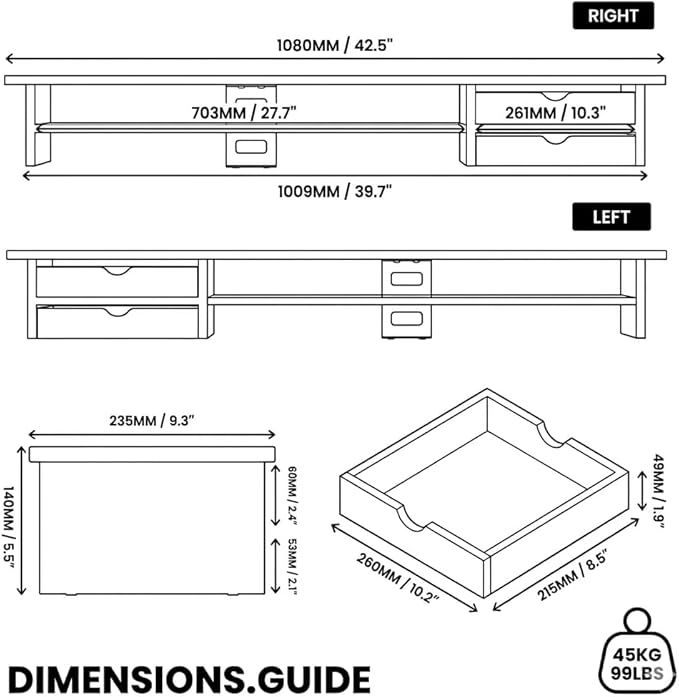 Fenge Monitor Stand, Desk Computer Riser with Frosted Storage Drawer, Brown | 42.5 Inch Dual Monitor Riser, 2 Tiers, Cable Management, Desk Shelf for 2 Monitors, Ultrawide Screen, Laptop, TV, Home Office - Image 3