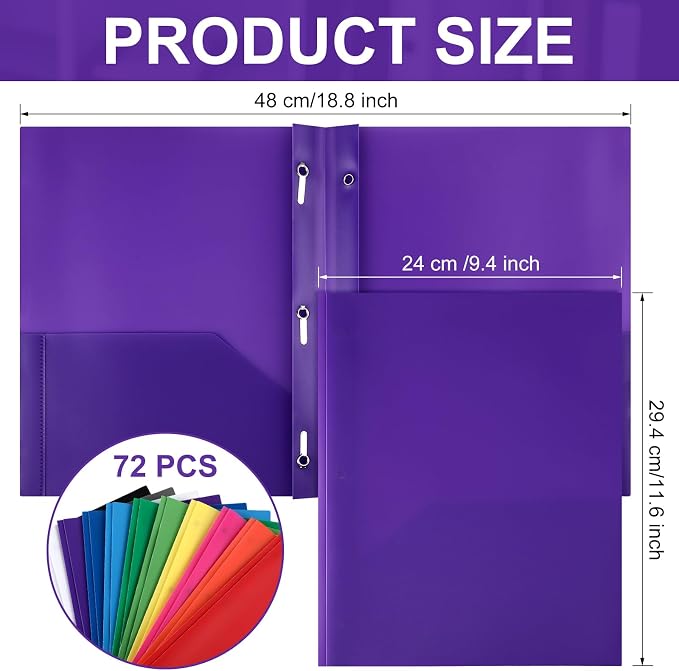 Cholemy 72 Packs Pocket Folders with Prongs Heavy Duty Plastic Folder with Business Card Slot 3 Prong Fasteners for School Office (Rainbow) - Image 2