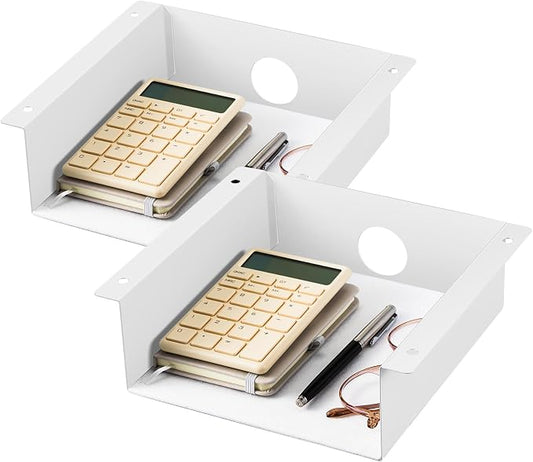 Yaocom 2 Pack Under Desk Hanging Shelf, Carbon Steel Storage Tray with Mute Felt Sheets, Mount Shelves Organizer for Office Home Workstation Gaming Desk Stand up(7.5x8x2.8 in/Storage Shelf,White) by Yaocom