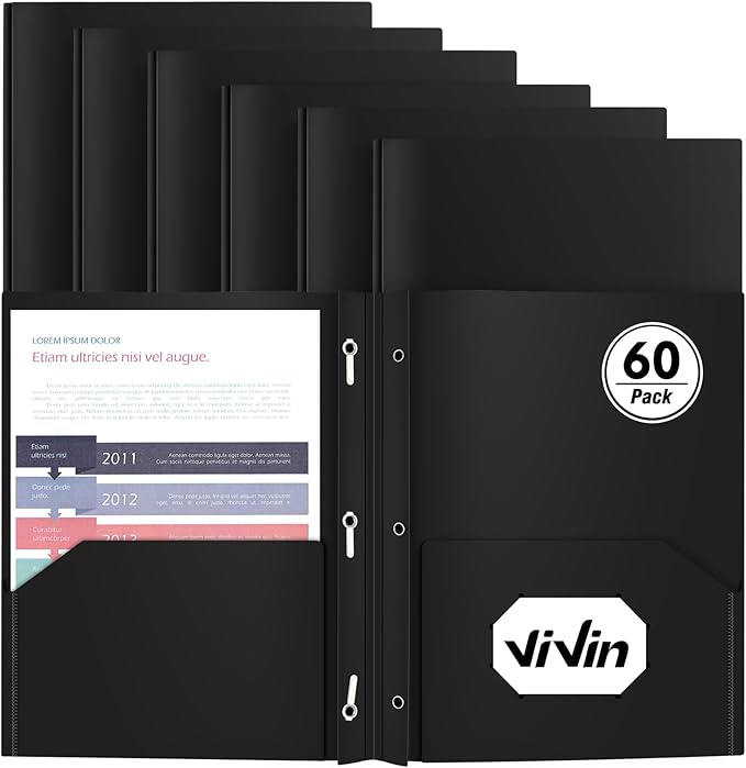Heavy Duty Plastic Folder, 60 Pack, Pocket Folder with brads, Letter Size Poly File, Plastic Folders with 3 Prongs Fasteners - Black by ViVin