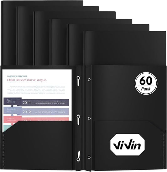 Heavy Duty Plastic Folder, 60 Pack, Pocket Folder with brads, Letter Size Poly File, Plastic Folders with 3 Prongs Fasteners - Black by ViVin