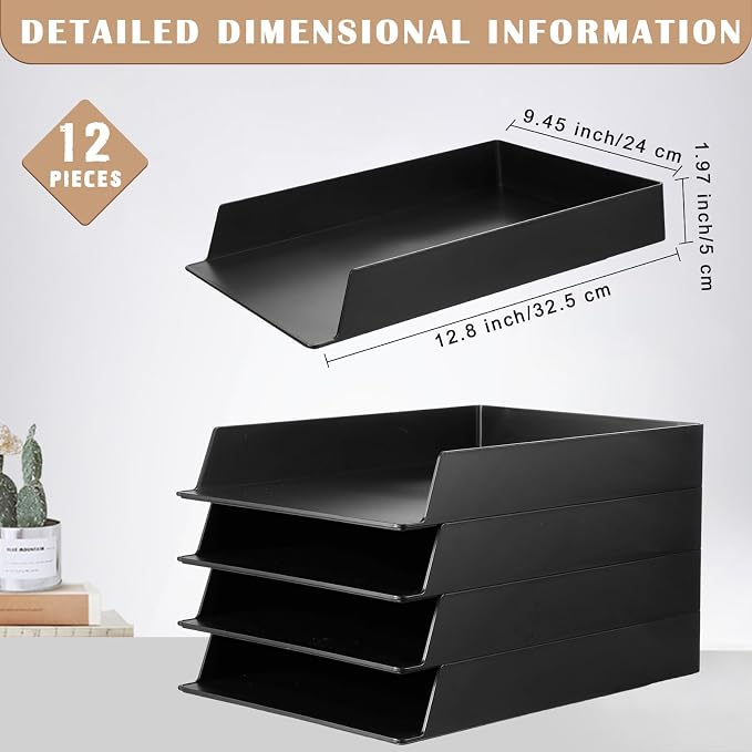 12 Pcs Stackable Paper Trays Rectangular Plastic Desk Holder Desktop Document File Organizer Storage Letter for Office Classroom (Black) - Image 2