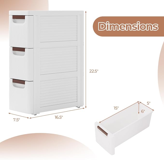 Giantex 3 Drawers Storage Cart, Narrow Plastic Dresser, Rolling Organizer Cart for Office Classroom Bedroom Bathroom Art Craft Supplies, Mobile Slim Utility Cart on Wheels (7.5"x16.5"x22.5") - Image 3