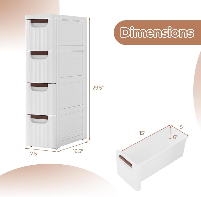 Giantex 4 Drawers Storage Cart, Narrow Plastic Dresser, Rolling Organizer Cart for Office Classroom Bedroom Bathroom Art Craft Supplies, Mobile Slim Utility Cart on Wheels (7.5"x16.5"x29.5") - Image 3