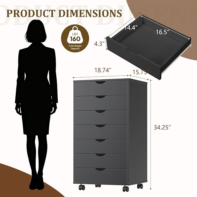 7 Drawer File Cabinet, Storage Drawers with Wheels for Home Office | 7 Drawers File Cabinet with Wheels, Under Desk Storage Drawers for Home Office Organization and Small Printer Stand - Image 3
