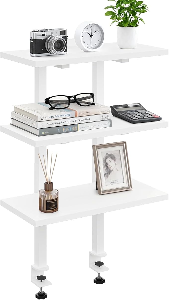 MAHANCRIS Clamp On Desk Organizer, 3-Tier Desktop Bookshelf, Adjustable Desk Storage Shelf, Metal Frame, for Office, Study and Game Room, White DSWT3601 - Image 8