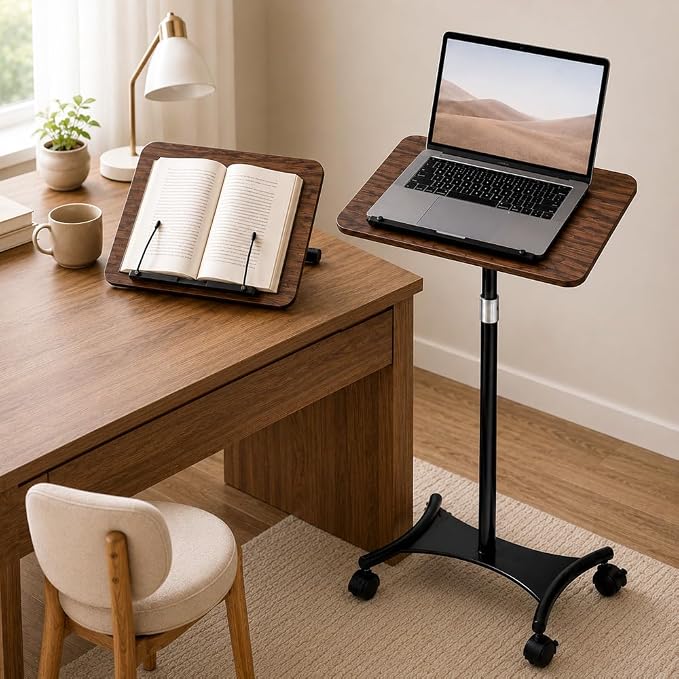 2-in-1 Rolling Book Stand, Floor & Desktop Book Holder for Heavy Books | Hands-free read | Lockable wheels | Cozy movable study setup | Up to 57 in | One stand, two ways to use | 360° Rotating Panel by Monsefi%7CCozyOrganizedEffortless
