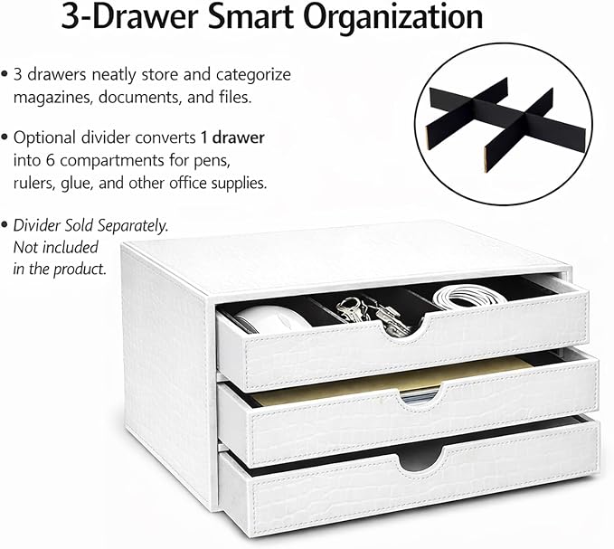 UnionBasic Document Organizer, 3-Drawer File Cabinet Document Storage Box, Office Desktop Filing Organizer, Croco White - Image 5