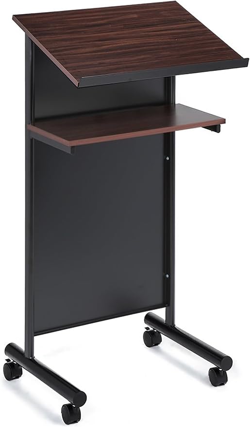 Wheeled Lectern Podium - Standing Desk with Storage Shelf - Cherry/Black - Ideal for Presentations and Laptop Use by Audio-VisualDirect