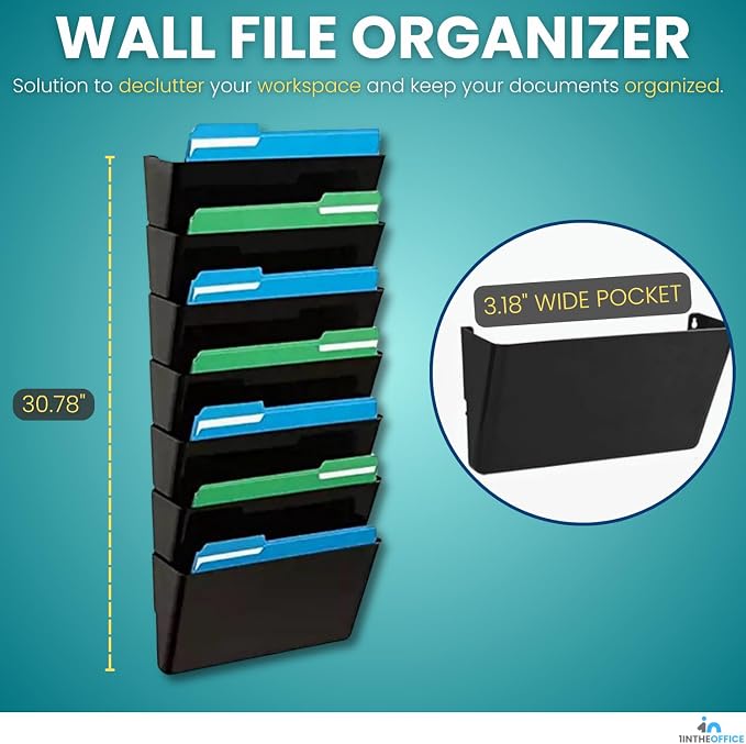 Hanging Wall File Organizer, Wall Mounted File Holder, Letter Size, 7 Pocket, Expandable, Black - Image 2