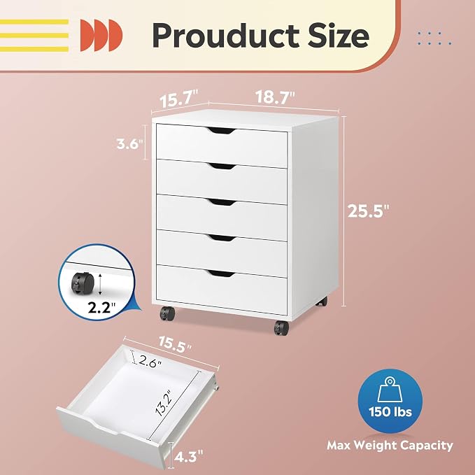 DEVAISE 5-Drawer Filing Cabinet Under Desk, Storage file Cabinet, White | Wood Drawer Unit, Craft Storage Cabinet, Office Rolling Cart, Printer Stand - Image 3