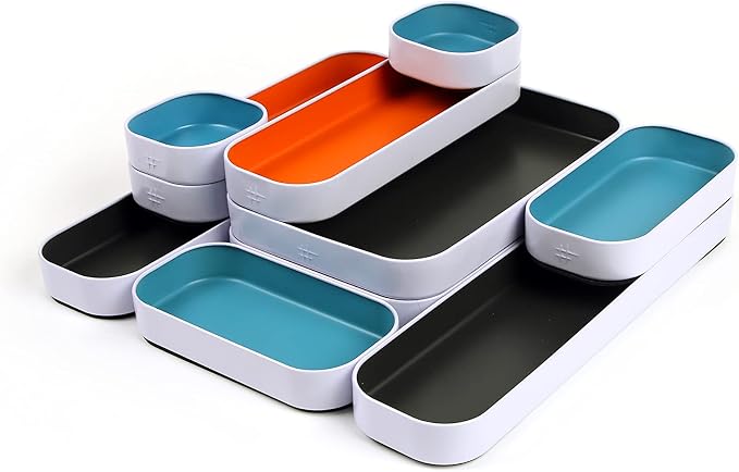 Three by Three Seattle Metal Drawer Organizer Tray Set, 10-Pc (Gray Mix) | Colorful food-safe metal bins; soft non-scratch base; organize utensils, makeup & supplies across every room - Image 3
