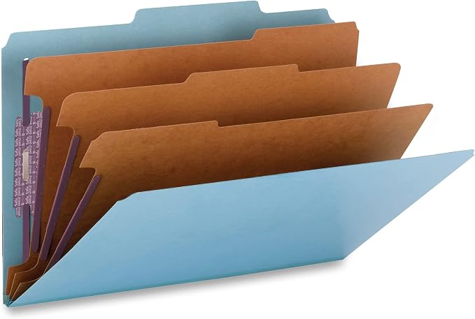 Smead Pressboard Classification File Folder with SafeSHIELD Fasteners, 3 Dividers, 3" Expansion, Legal Size, Blue, 10 per Box (19094) (Pack of 1) by SMEAD