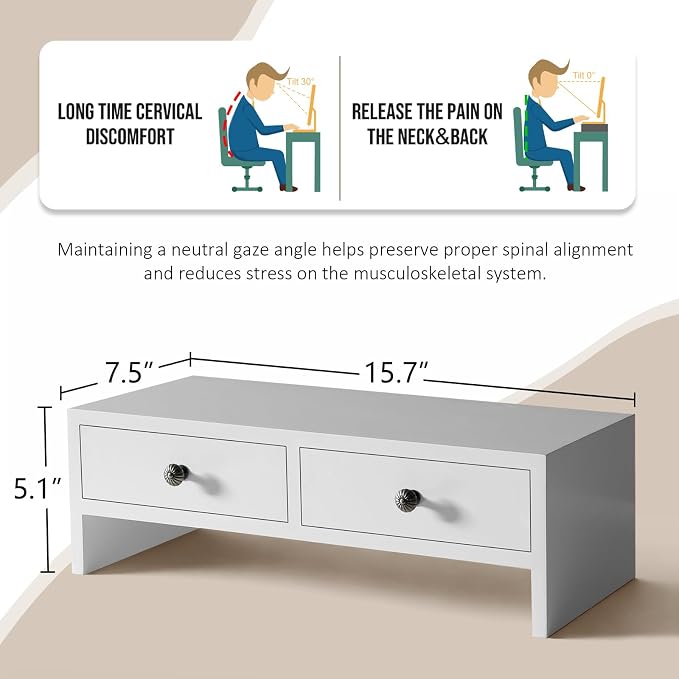 WELLAND Monitor Stand Riser with Drawers, Computer Monitor Stand, Desktop Organizer Stand for Laptop, PC, Office Supplies, White - Image 5