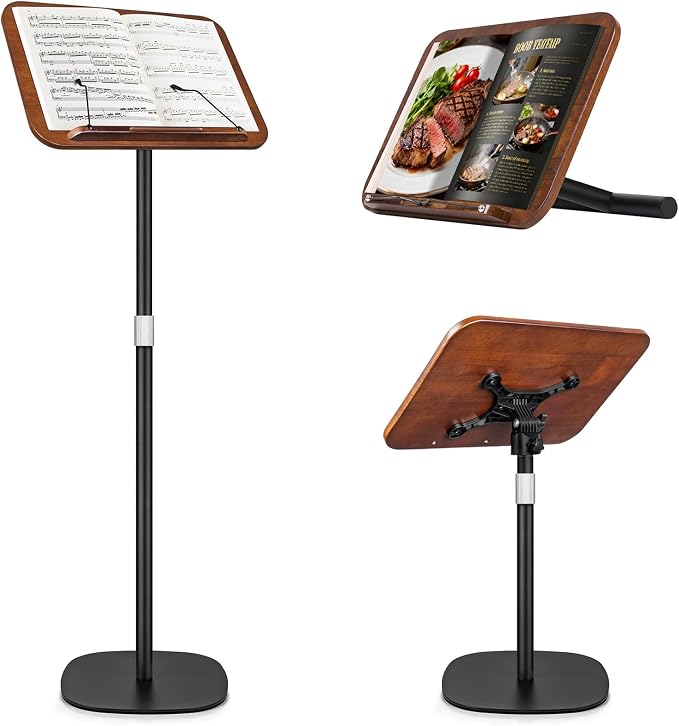 2 in 1 Dual-use Music Stand & Desktop Book Stand, Adjustable Height 16.5"-51", 100% Solid Wood Laptop Floor Stand Book Holder with Elastic Page Clips for Cookbooks (Black Walnut) by Unknown