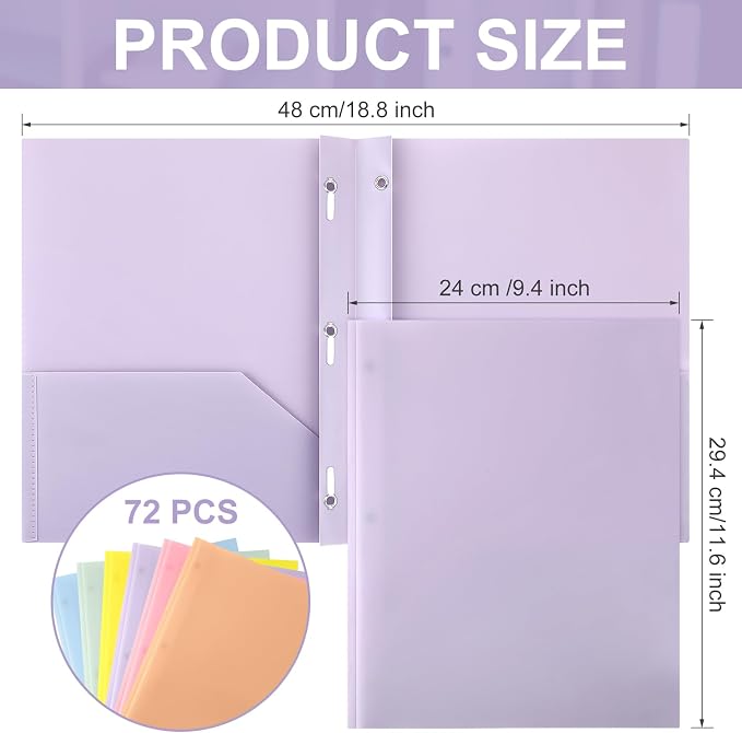 Cholemy 72 Packs Pocket Folders with Prongs Heavy Duty Plastic Folder with Business Card Slot 3 Prong Fasteners for School Office (Vibrant) - Image 2