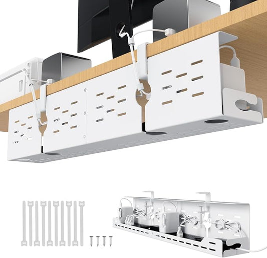 Univivi Under Desk Cable Management Tray, Cable Management, 32 inch, White | Durable Steel Material, Desk Cable Management with No-Drill C-Clamp and Screw Mount, Cord Management for Office/Home by Univivi