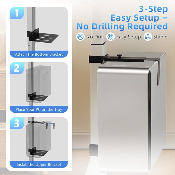 Under Desk PC Mount for Standing Desk, Clamp-On CPU Holder, 50lbs Capacity | Clamp-on for 65-80mm legs. Holds 50lbs, open frame cooling. No-drill, 15-min install. Fits mid-tower PCs. - Image 2
