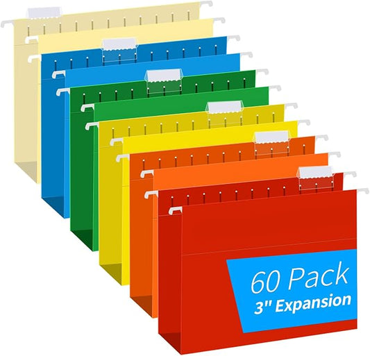 Extra Capacity Hanging File Folders, RAZCC 60 Pack Letter Size Reinforced Hanging Folders with Heavy Duty 3 Inch Expansion for Bulky Files, Filing Cabinet, Adjustable Tabs, Assorted Colors by RAZCC