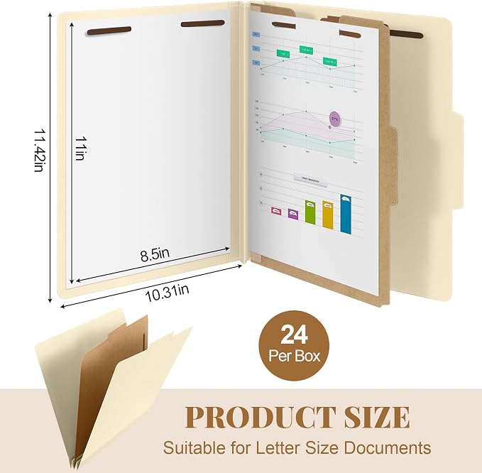 AmazingSpark 24 Pcs Classification Folders Letter Size Bulk 1 Dividers Pressboard File Folder with Expansion 2 Prongs Fastener Heavy Duty Office File Organizer for School Project Document(Beige) - Image 2