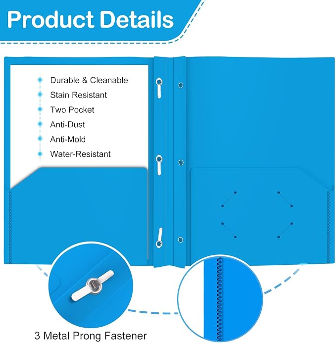 ViVin 12 Pack Plastic Folders with Pockets and Prongs, Heavy Duty 2 Pocket Folders with 3-Prong Fasteners, Poly File Holds 8-1/2" x 11" Paper for School Office Home (Sky Blue) - Image 2