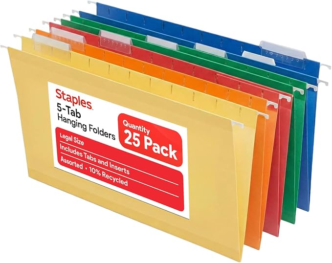 Staples Heavy Duty Reinforced Hanging File Folders, 1/5-Cut Tab, Legal Size, Assorted Colors, 25/Box (ST18657-CC) by Staples