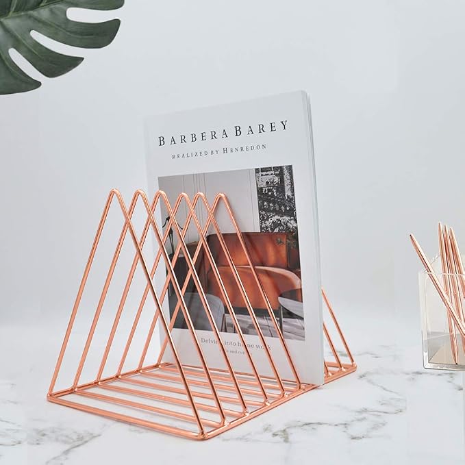 9 Slot Magazine Rack Book Record Holder, Desktop Iron Storage Rack Bookshelf Multifunction Triangle File Organizer Sorter for Decor Home Office, Rose Gold Pack of 2 - Image 2