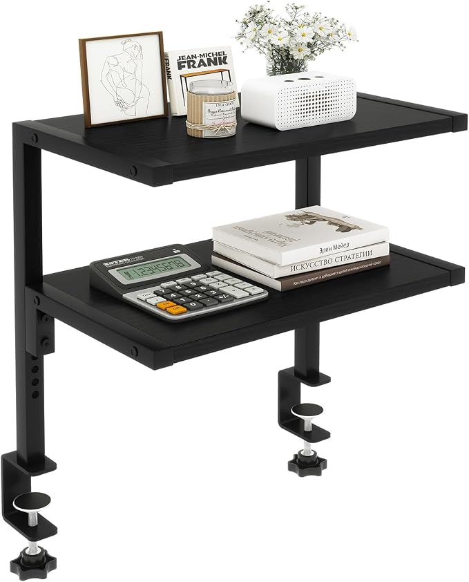 IBUYKE Clamp on Desk Organizer Shelf,Desk Extender Shelves TMZ007B | 12.9 inches,2-Tier Adjustable Storage Shelves, Above or Below Desk, for Desktop Accessories,Black by IBUYKE