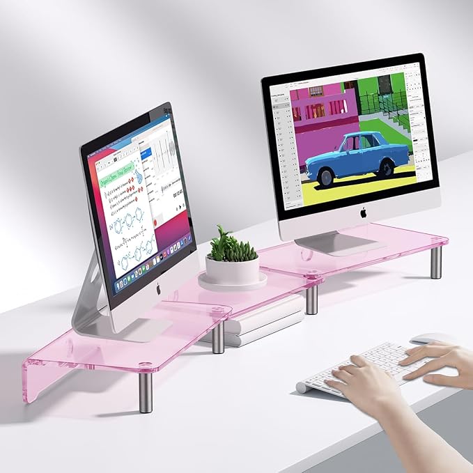 Pink Acrylic Dual Monitor Stand Riser，Adjustable Length Angle for 2Monitors | Double Computer Monitor Riser for Desk with Anti Slip Pad，Desktop organizer Stand for Laptop,PC,Printer,TV，Desk Accessories - Image 2