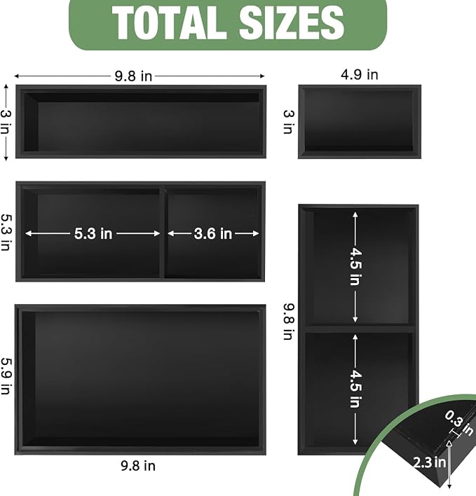 Bamboo Drawer Organizer,5 PCS Black Silverware Tray&Desk Organizers and Storage,Cabinet Divider With Removable Bathroom Organization for Kitchen,Utensils,Junk,Office,Makeup - Image 2