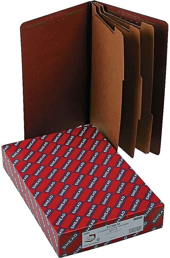 Smead 100% Recycled End Tab Pressboard Classification File Folder with SafeSHIELD Fasteners, 3 Dividers, 3" Expansion, Legal Size, Red, 10 per Box (29865) - Image 4