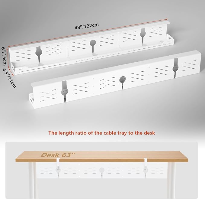 Univivi Under Desk Cable Management Tray, Cable Management, 48 inch, White | Durable Steel Material, Cord Organizer with No-Drill C-Clamp and Screw Mount, Effortless Wire Management for Office/Home - Image 5
