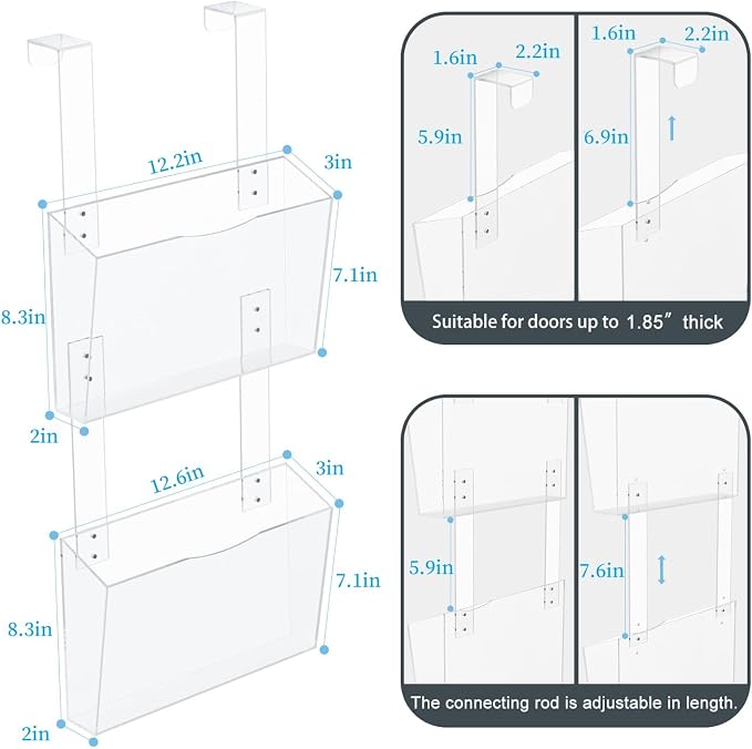 2 Tier Clear Acrylic Wall Hanging File Organizer Over the Door File Holder | 3mm Thickened Acrylic File Folder with Hooks, Book Mail Paper Document Storage Organization 2 Pockets for Office School Home - Image 5