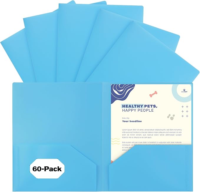 60-Pack Plastic Folders with Pockets,2-Pocket Pastel Folders Holds US Letter Size Paper for School/Office/Home, Blue by EEHZTSIOFFICE