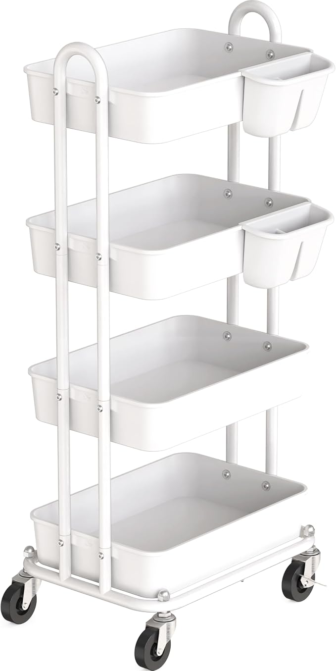 Simple Houseware 4-Tier Rolling Utility Cart with Hanging Bucket, White | Storage for Bathroom, Kitchen, Office, Study Room, Nursery Diaper by SimpleHouseware