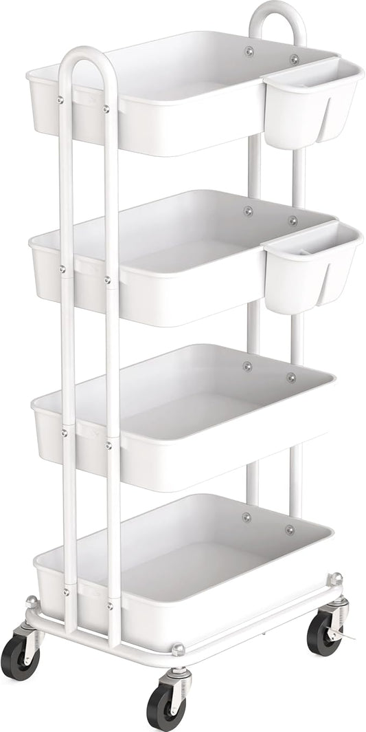 Simple Houseware 4-Tier Rolling Utility Cart with Hanging Bucket, White | Storage for Bathroom, Kitchen, Office, Study Room, Nursery Diaper by SimpleHouseware