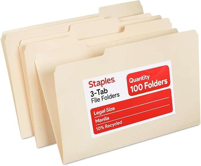Staples Recycled File Folders, Legal Size, 1/3-Cut Tabs, Manila, 100/Bx | Manila stock with durable tabs for everyday document organization. by Staples