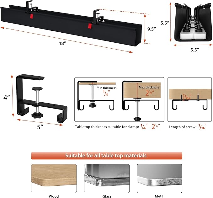 Univivi No Drill Under Desk Cable Management Tray, 48 inch Cable Management | Clamp/Screw Mount Desk Cable Organizer, Premium Fabric Cable Management Tray, Large Capacity Cord Organizer for Office, Home - Image 4