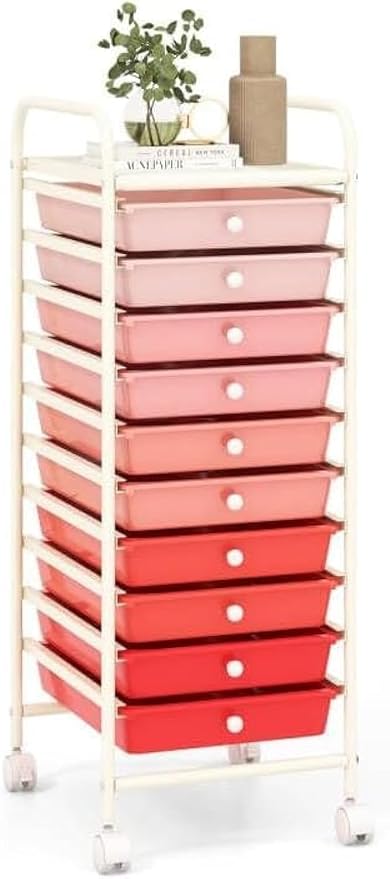 Storage Cart, Rolling Utility Cart with 10 Drawers, Portable Handles & Lockable Wheels, Mobile Paper Toys Storage Organizer Large Capacity for Home Office School Teacher (Gradient Pink) by OFFICEJOY