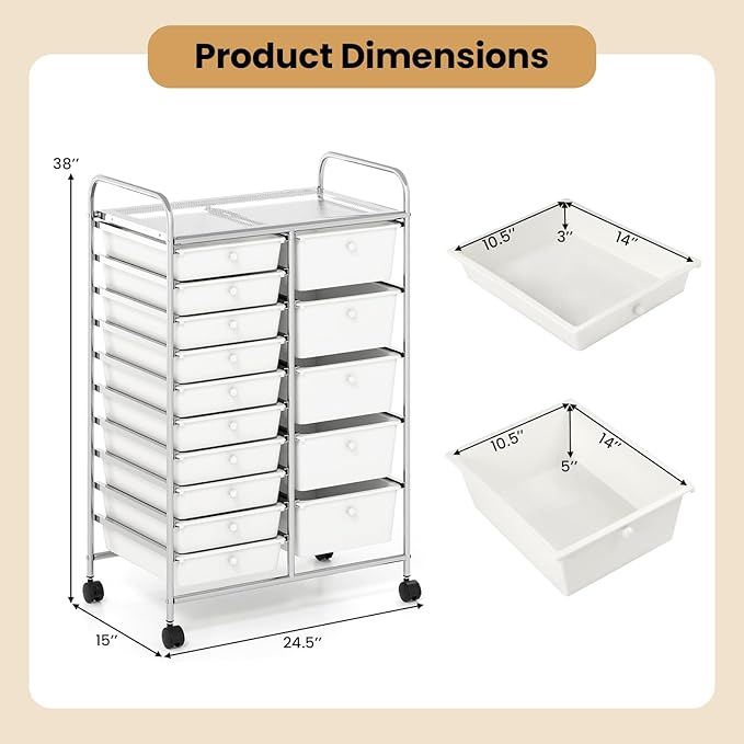 Giantex 15 Drawer Rolling Cart with Drawers, Storage Organizer Cart for Classroom Office School Teacher, Mobile Drawer Cart for Tools, Crafts, Small Printer, Ivory - Image 3