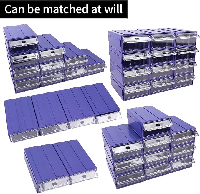 12 Pcs Drawer Stacking Storage Cabinet, Blue Plastic Drawers Storage Closet & 36 Pcs Clear Dividers Organizer Rack & 48 Pcs Tag Card & 24 Pcs Non-slip Stickers for Home Office School - Image 3